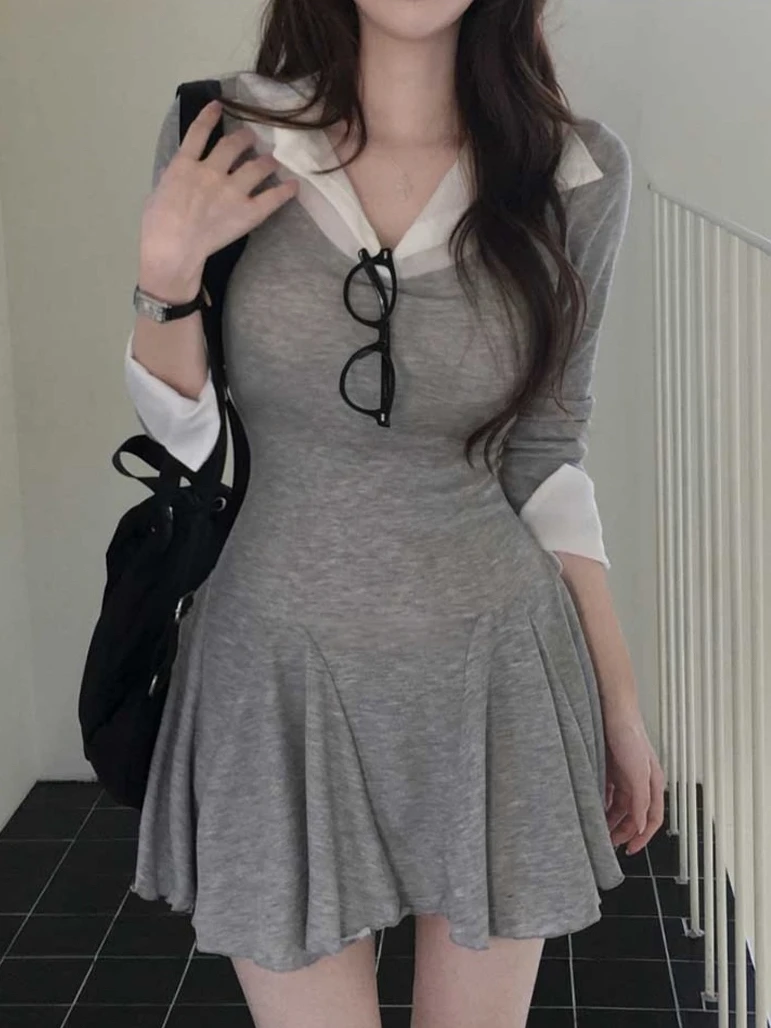 新款学院风翻领拼接假两件收腰褶边修身显身材衬衫连衣裙女