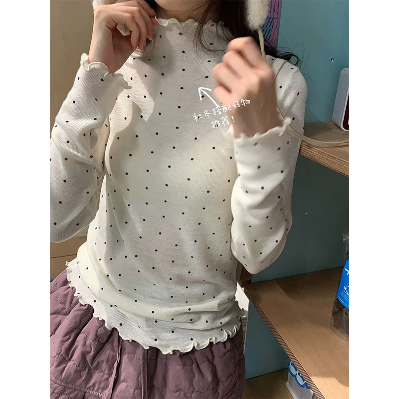 韩系半高领针织毛衣修身型色套头显瘦常规常规款波点T恤内搭打底