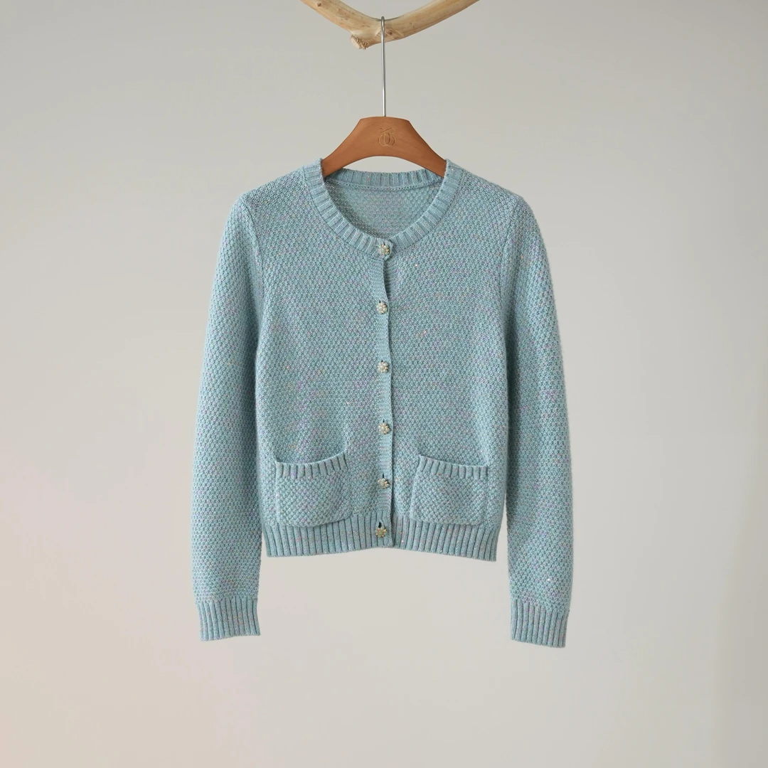 西子/【蓝月谷】兔绒羊毛混纺亮片花纱小香风针织开衫/MSHJ0217