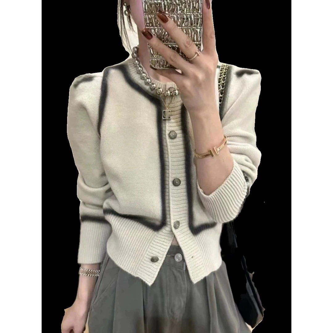 设计感撞色小香风针织毛衣女2025冬季新款时尚假两秋冬款开衫毛衣