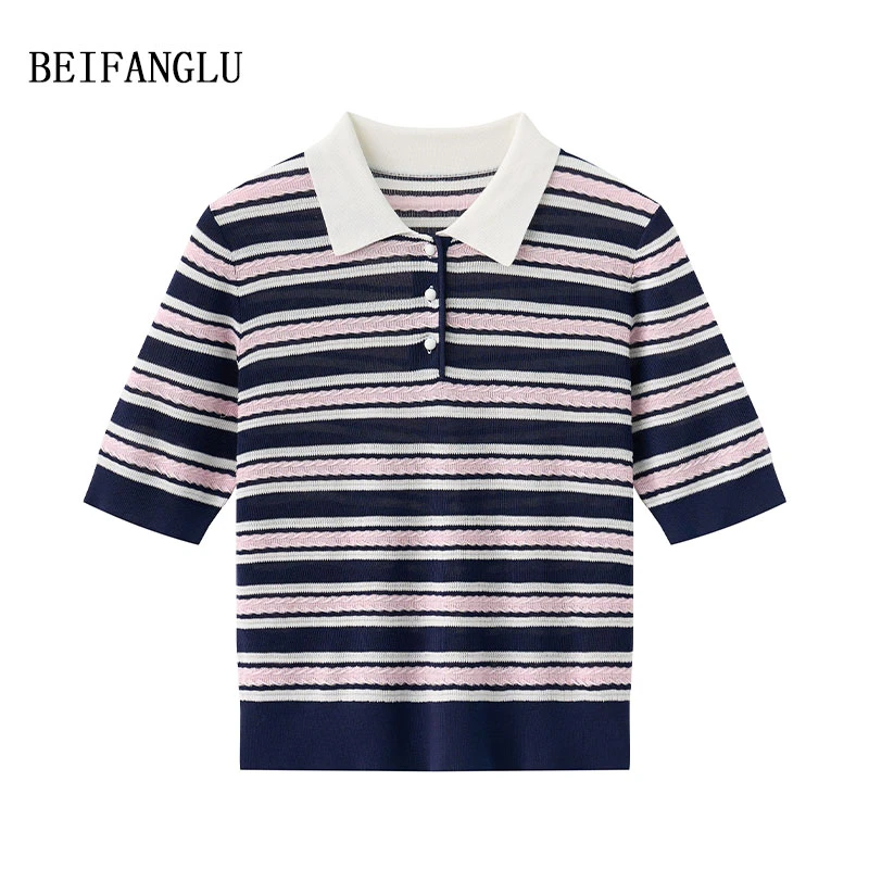 北方鹿【肌理感条纹POLO衫】莱赛尔醋酯桑蚕丝法式针织短袖女30075