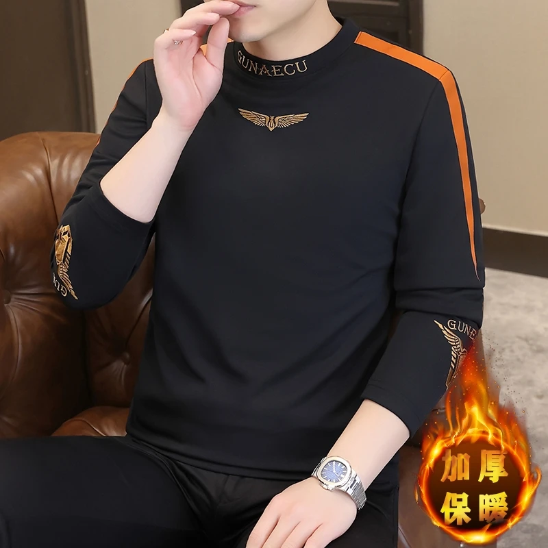 轻奢男士加绒卫衣半高领上衣冬季圆领秋冬加绒时尚长袖保暖修身