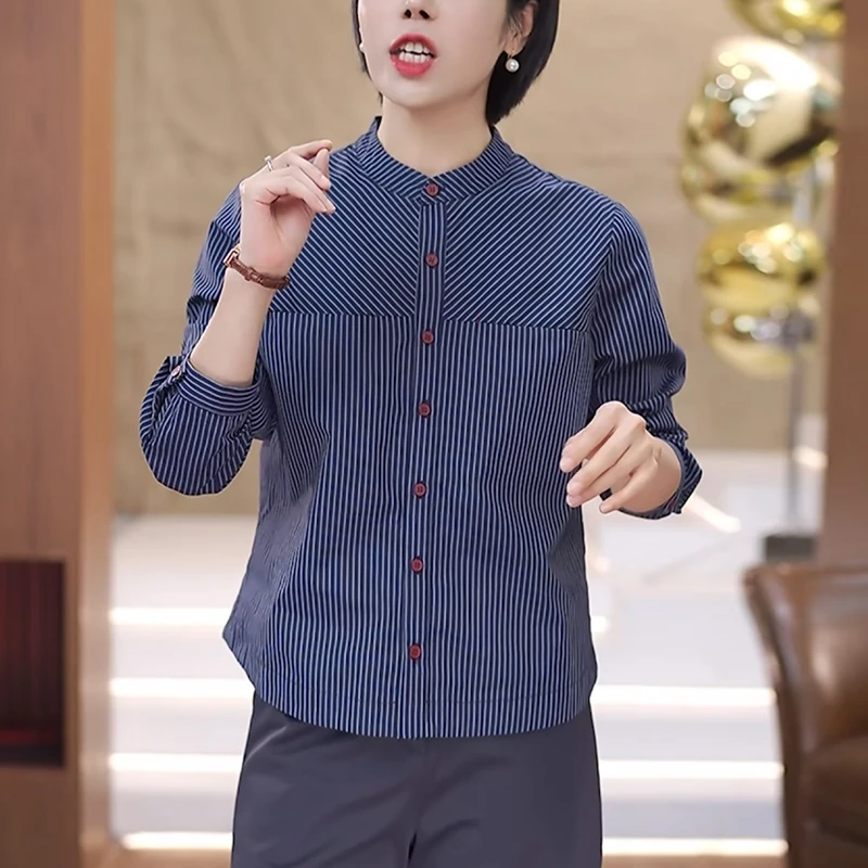 2025秋季新款高级感条纹立领衬衫女洋气减龄叠穿内搭打底衫上衣
