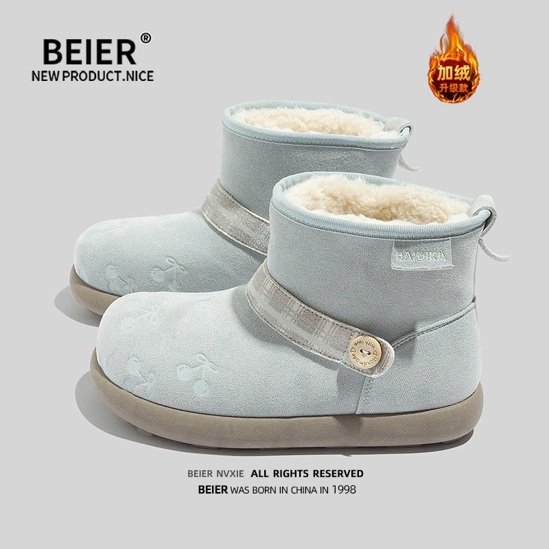 BEIER印花卡通圆头保暖雪地靴女鞋2025冬季新款加绒加厚棉鞋7709