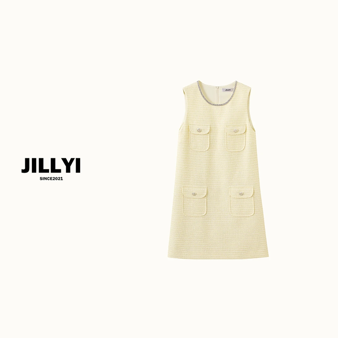 JILLYI【柠檬芝士】浅黄色圆领无袖纯色简约时尚连衣裙