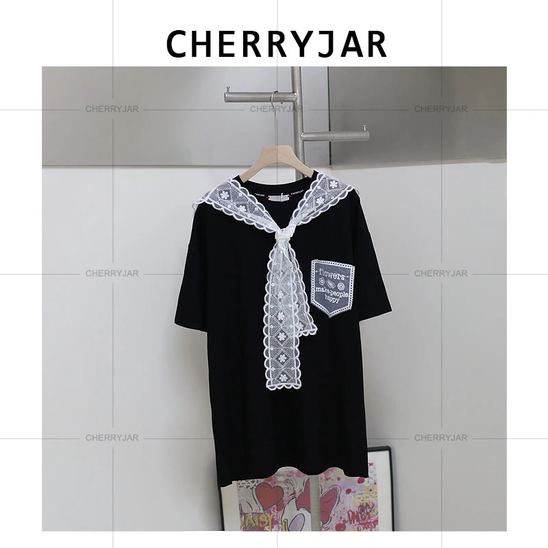 Cherryjar【251252】时尚休闲刺绣欧根纱口袋印花设计感短袖+披肩