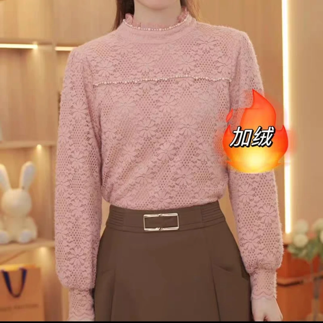 加绒加厚T恤打底衫女2024新款洋气质百搭韩版内搭蕾丝衫上衣24030