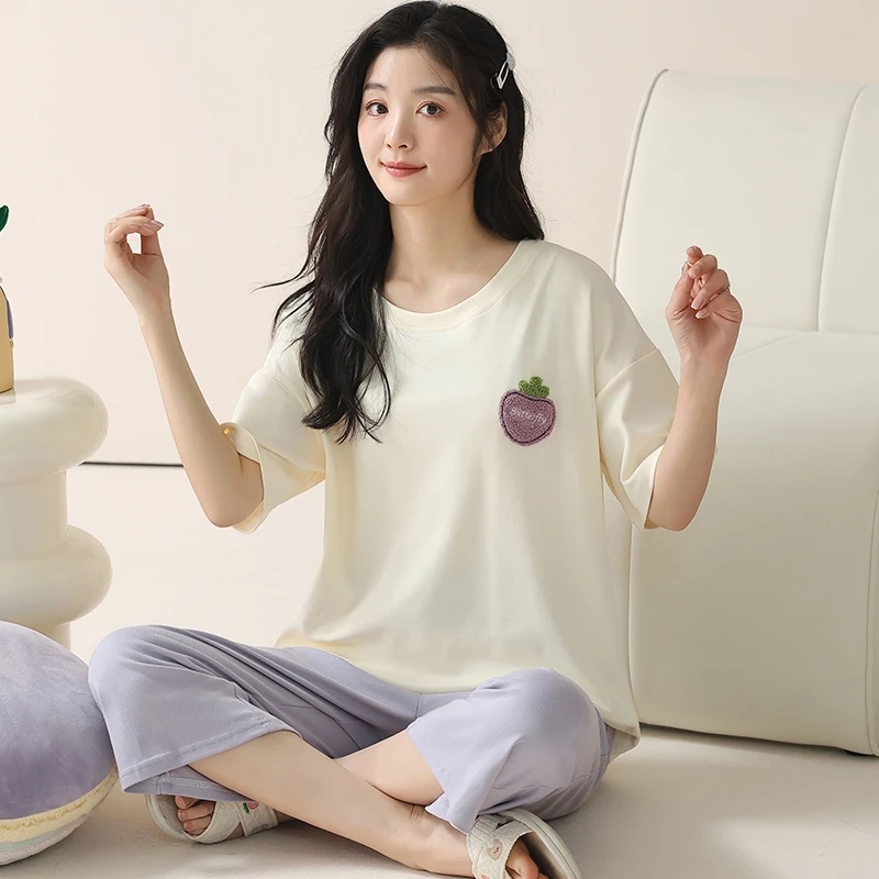 卡之恋夏季女士睡衣短袖七分裤套装简约纯棉家居服