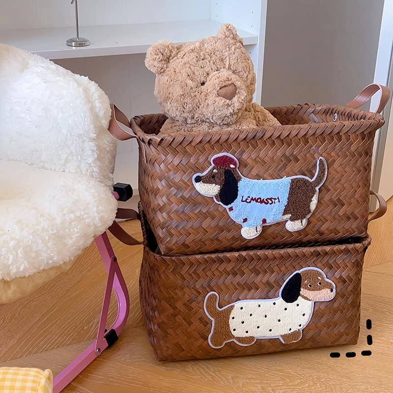 复古腊肠狗收纳筐手工编织高颜值家用大容量收纳篮零食桌面手提篮