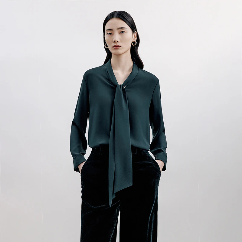 LANCY/朗姿【商场同款】秋季新款蓝色飘带衬衫女优雅老钱风上衣