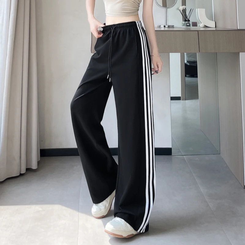 冰丝阔腿条纹运动裤女夏薄款宽松显瘦高腰百搭休闲三条扛卫裤潮