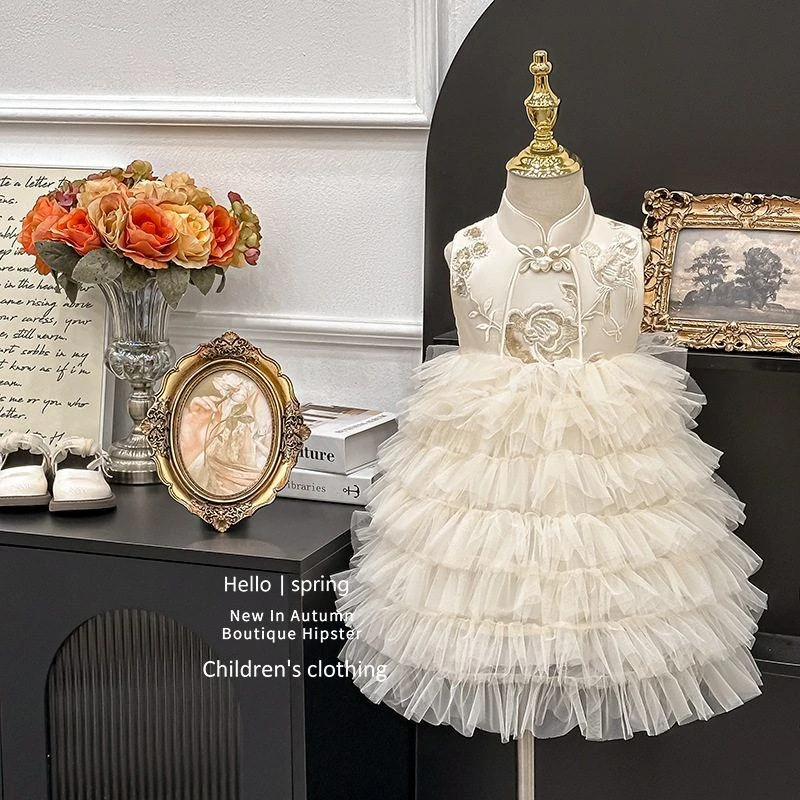 女童连衣裙2025新款甜美新中式礼服裙小女孩无袖花童生日公主裙