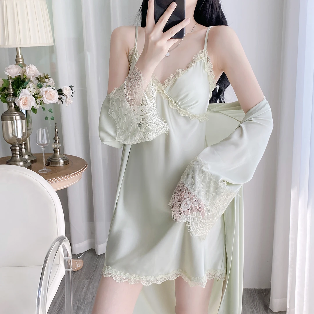 【桃之夭夭】春夏季蕾丝吊带睡裙带胸垫薄款时尚家居服舒适睡袍