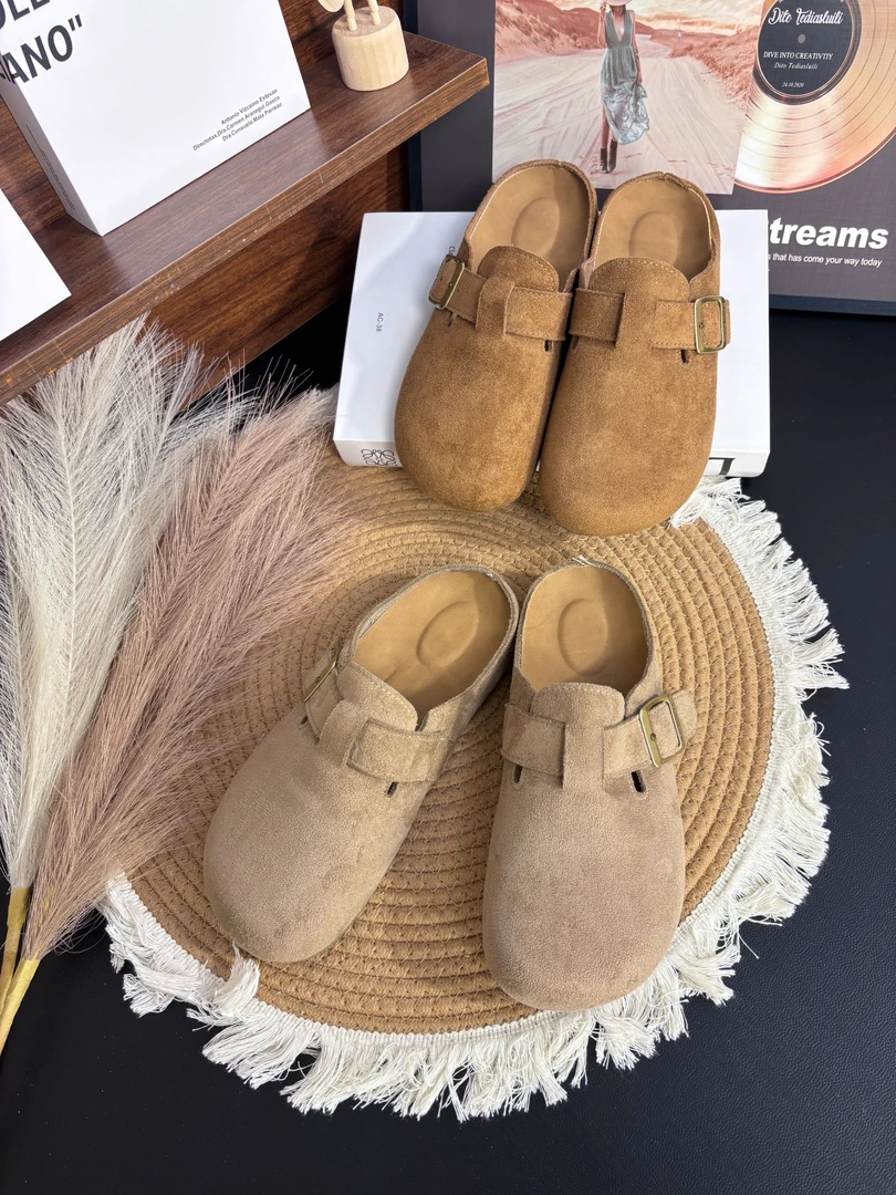 【乐芙兰】包头纯色网红时尚勃肯鞋松糕跟复古半拖中跟包头拖平底