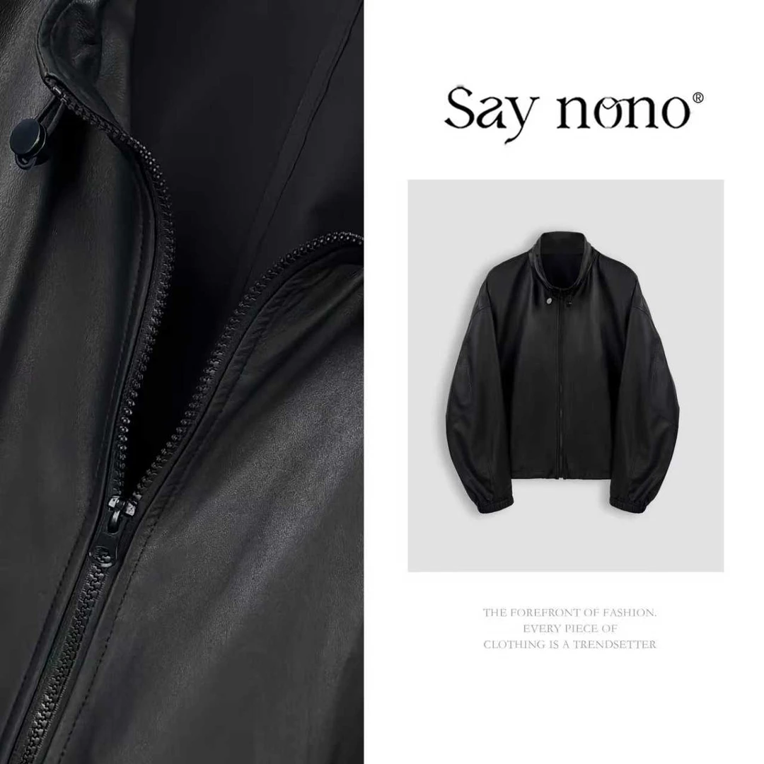 懒猫nono│Saynono 时尚立领薄款松弛感复古哑光绵羊皮皮衣M0831H