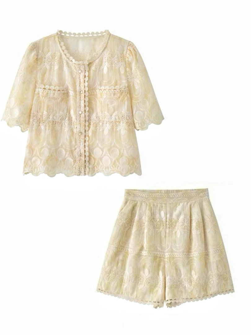 夏季重工刺绣套装2025年韩系#3142气质名媛小香风短袖短裤两件套