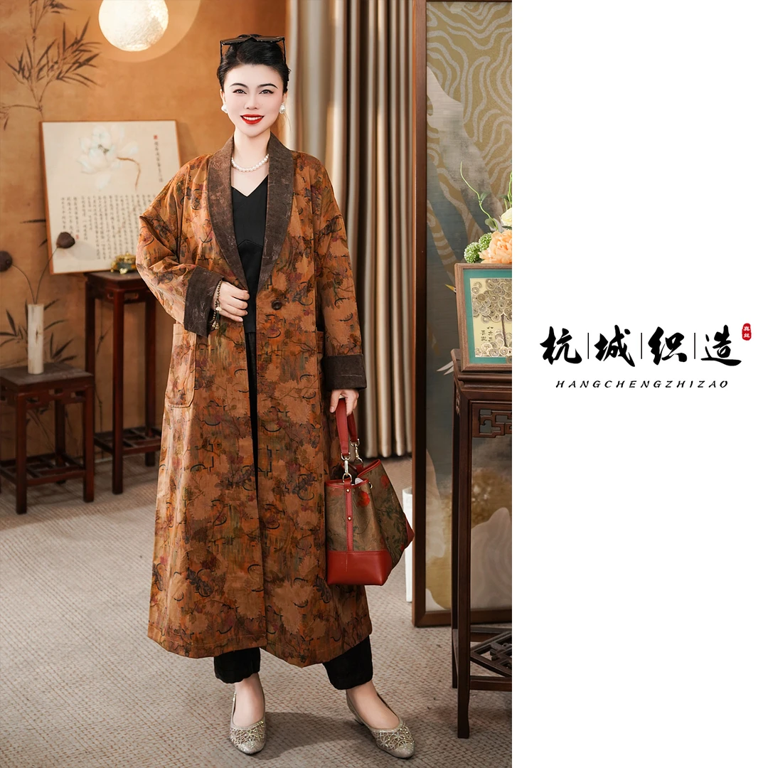 【秋序】 桑蚕丝重磅双面双穿花锦油绸香云纱风衣