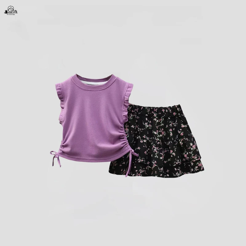 2025小女童夏装T恤上衣洋气休闲百搭奥代尔棉无袖紫色时髦百褶裙