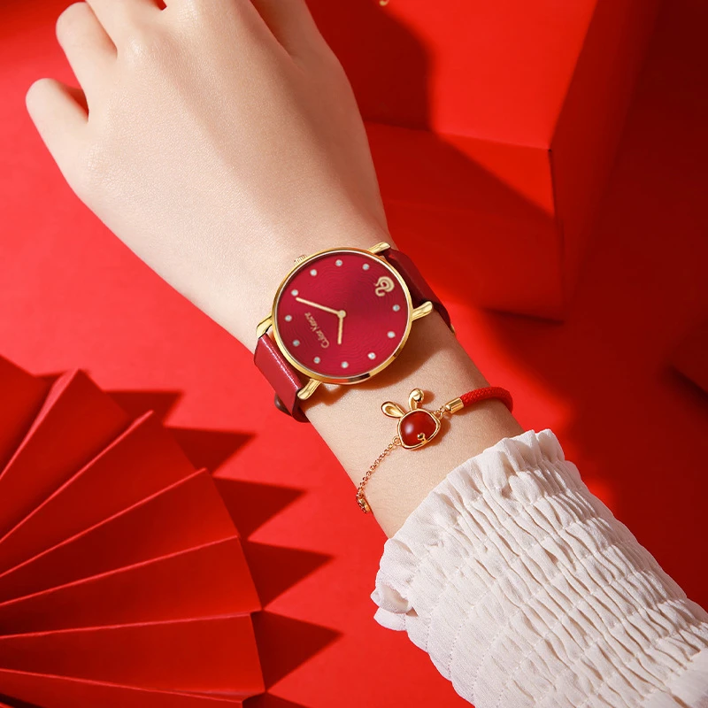 【蛇年限定腕表】蛇年生肖女生红色皮带腕表女刻度清晰女款气质手表