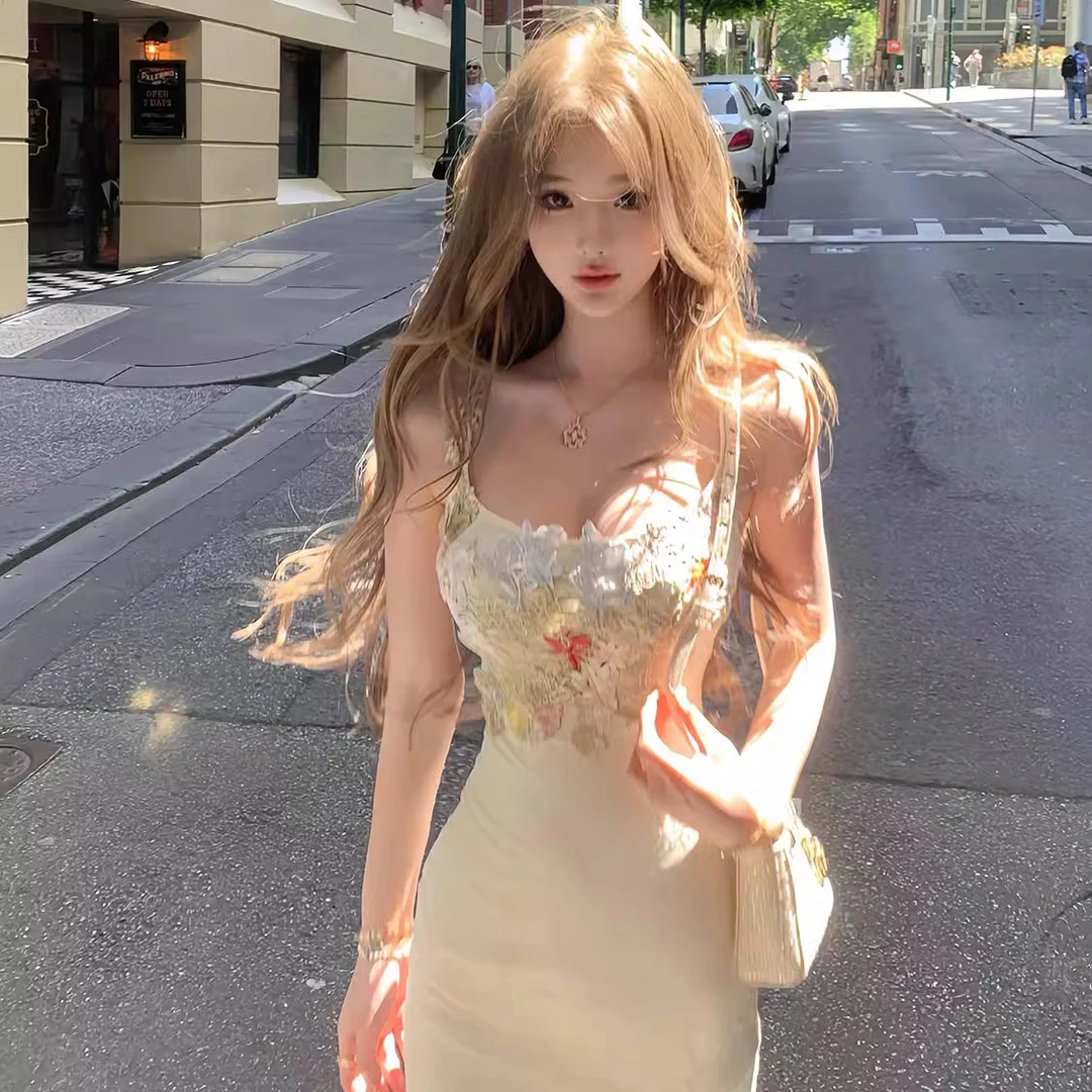 鱼姬少女 花朵蕾丝网纱鱼尾连衣裙中长款修身包臀吊带裙