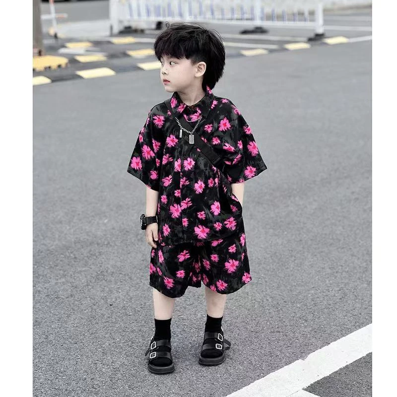 男童夏装套装2025新款夏季儿童冰感爽滑短袖衬衫短裤两件套洋气潮