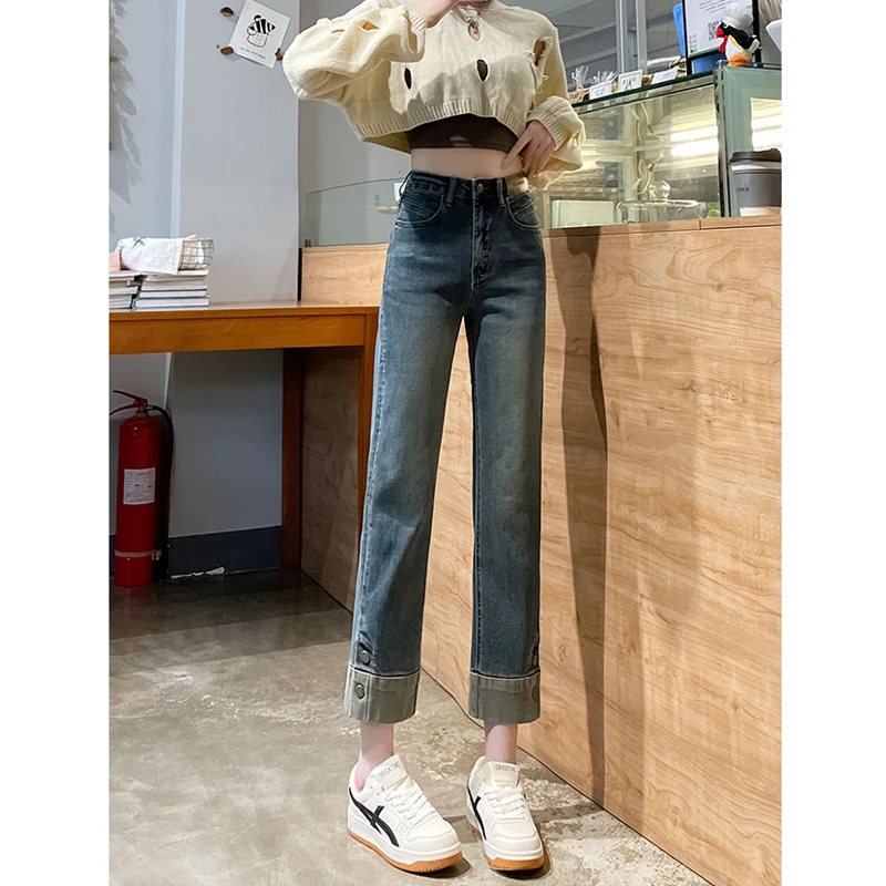 显瘦弹力百搭烟管牛仔裤女2025年春季卷边设计感小个子九分直筒裤