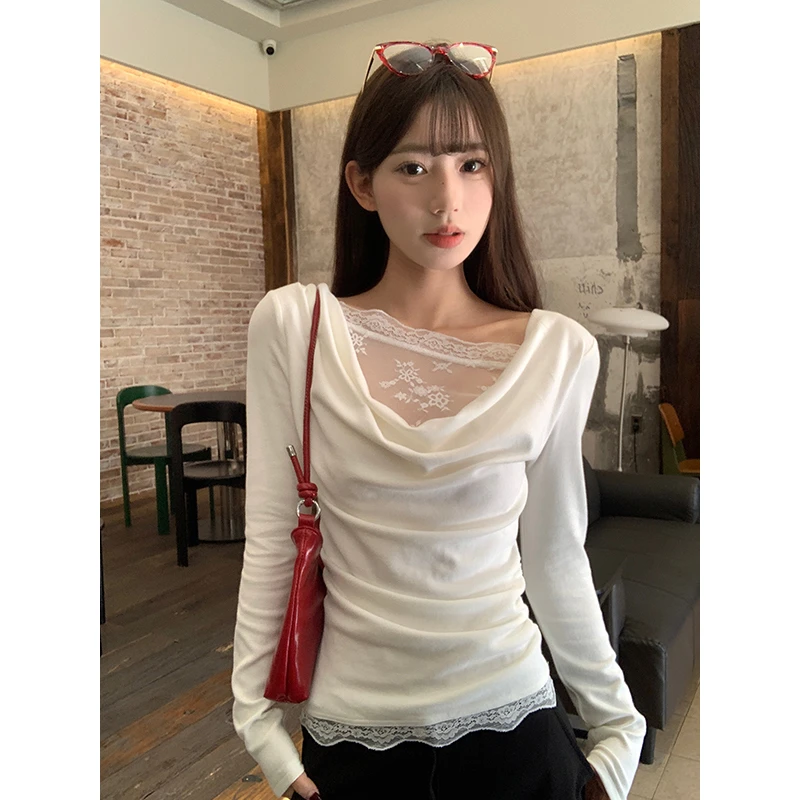 纯欲风蕾丝拼接荡领斜肩长袖T恤女春秋氛围感穿搭修身甜辣妹上衣