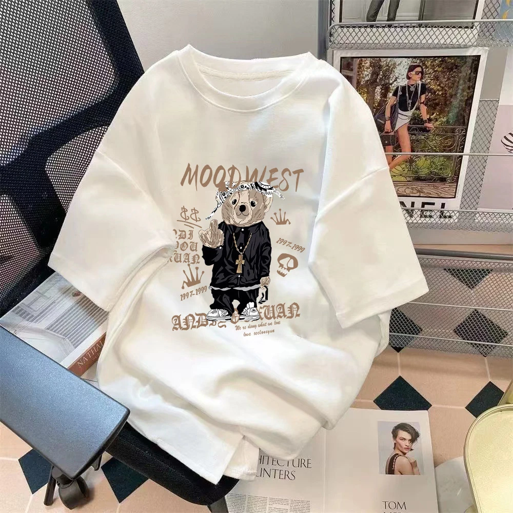 潮流夏季小熊印花图百搭五分袖宽松上衣时尚情侣款T恤衫