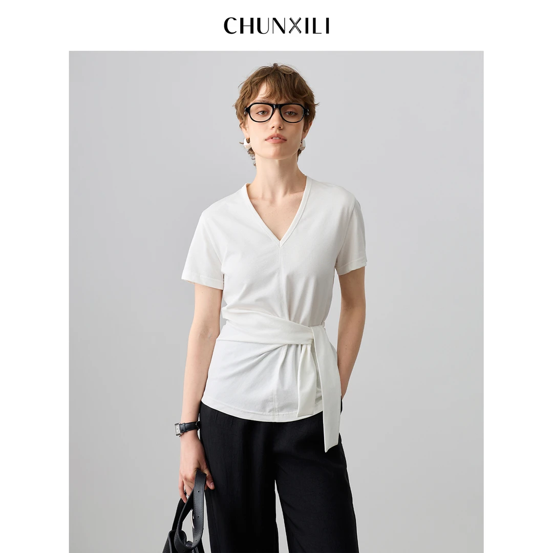 CHUNXILI/春熙里 极简V领设计感短袖上衣D03S52067