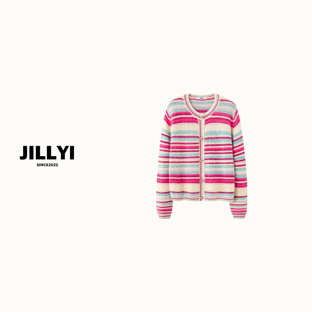 jillyi【彩虹条纹】粉蓝条纹圆领甜妹气质时尚百搭针织开衫