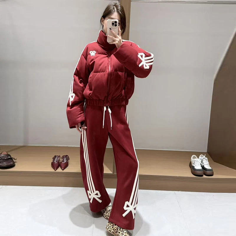 【现货】FORDARE福蝶25冬季红色蝴蝶结贴条运动套装时尚运动服加厚