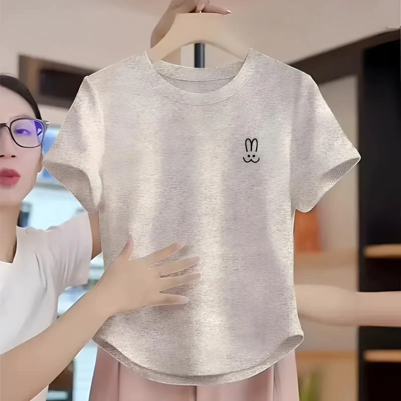 2025夏季新款不规则下摆弧形短款正肩棉白色短袖t恤女洋气上衣