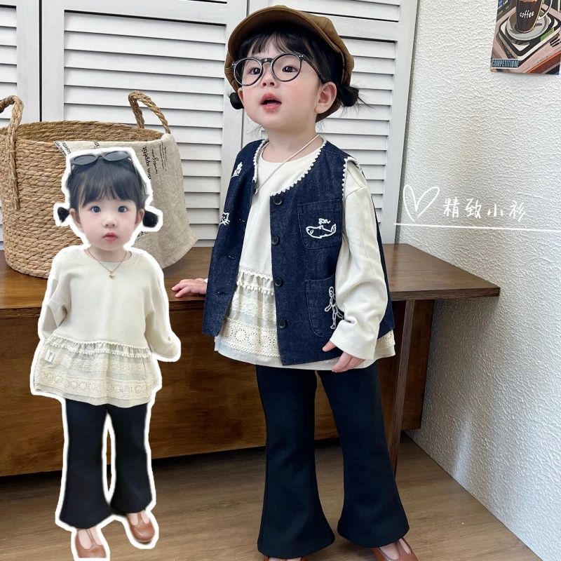 Q25174T花边刺绣长袖T鱼子酱品牌女童童装