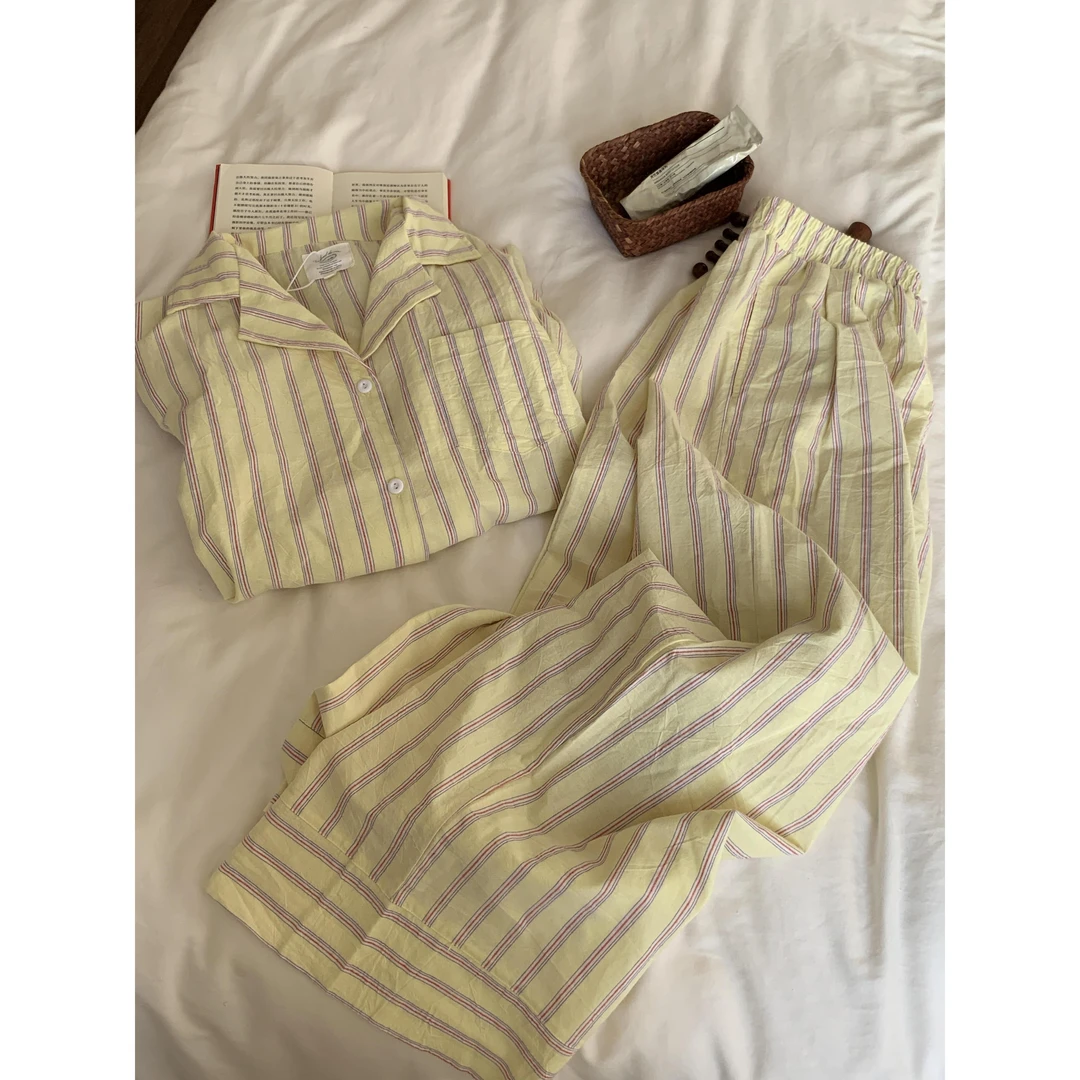 法式别致条纹衬衫长袖睡衣女春秋2026新款休闲舒适亲肤家居服套装