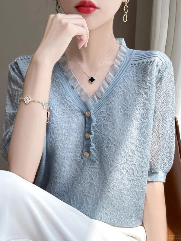 哥弟阿玛施正品夏爆款冰丝短袖显瘦洋气时尚针织休闲V领凉感衣服