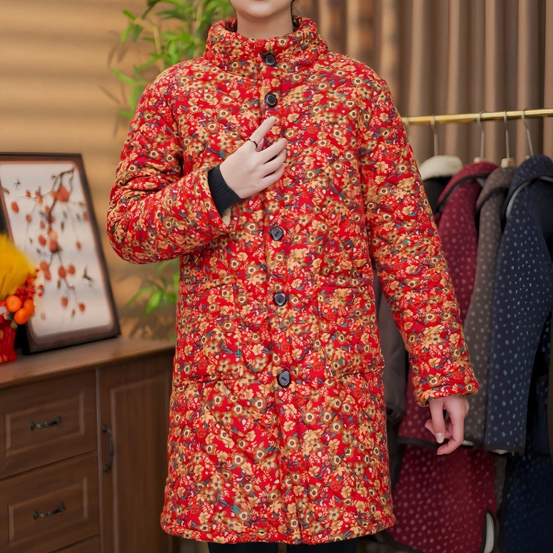 中长款中老年女装外套老年人加绒罩衣花色棉衣棉袄中老年气质加厚