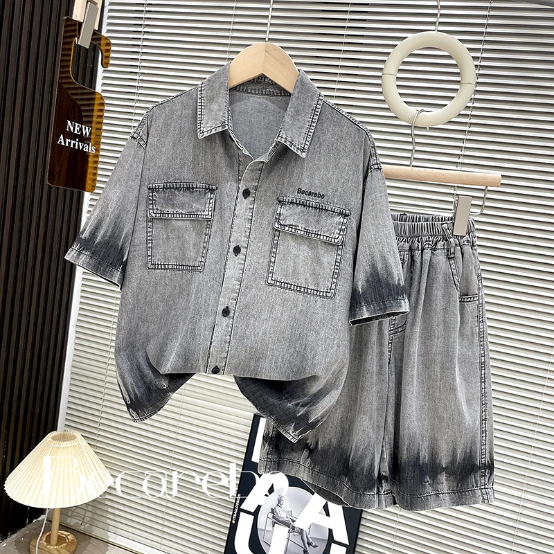 130-180【淏妈原创】青少年夏季套装男童短袖牛仔两件套中大童儿童