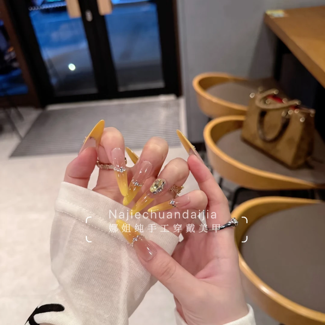 【橘子汽水】氛围感夏日海岛风浪漫橘子海法式碎钻穿戴甲美甲手工