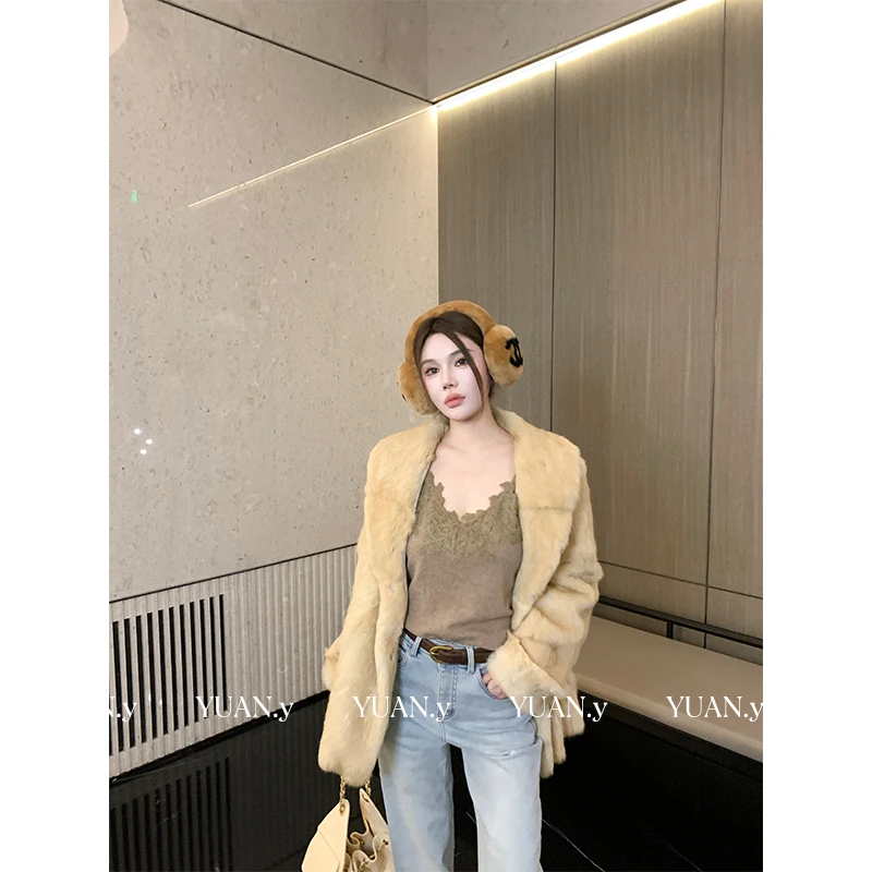 媛媛【初雪金洛】新款皮草黄色毛毛外套短款显瘦#PC0091