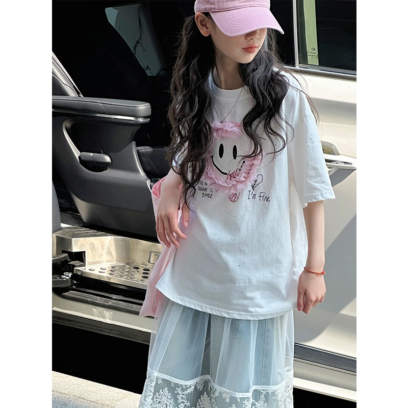 K28442孙小美蕾丝亮片女童短袖T恤夏装儿童上衣2025新款半袖