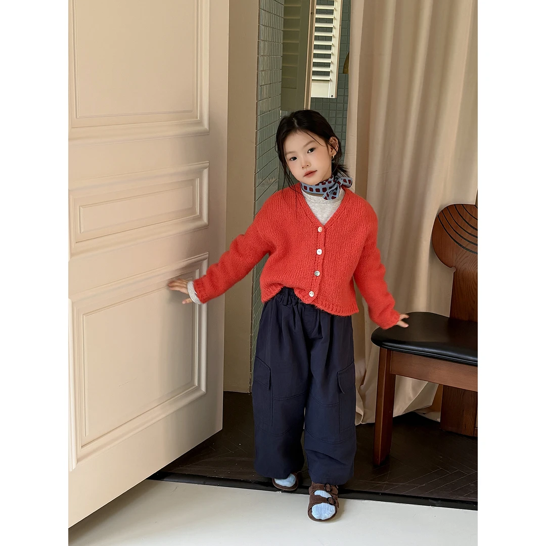 Harper kids 韩版秋季温柔V领简约针织开衫毛衣外套 H25A030748