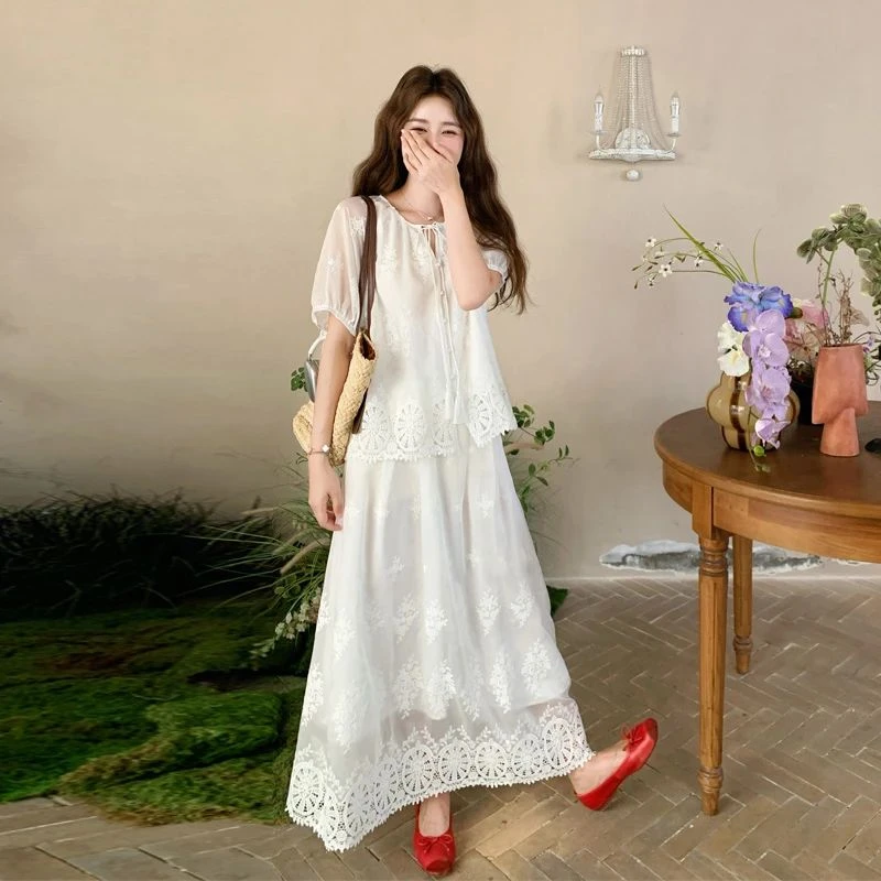 镂空蕾丝刺绣套装裙女2025夏季新款纯欲系氛围感新中式国风两件套