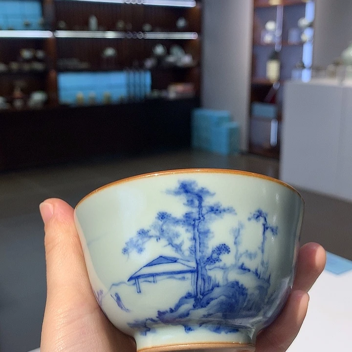 陶摆件善窑厂汝窑青花主人杯