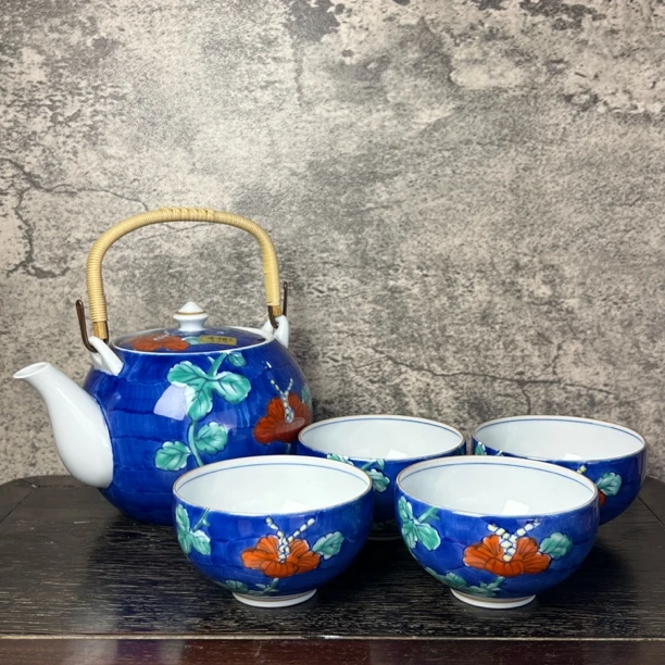 日本进口正品华山窑万右卫门作手绘茶具一壶四杯(壶口微凹，800ml)