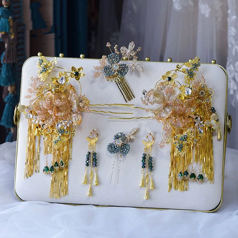 可爱新娘新品金绿色手工秀禾新娘头饰大气饱满结婚饰品20241215