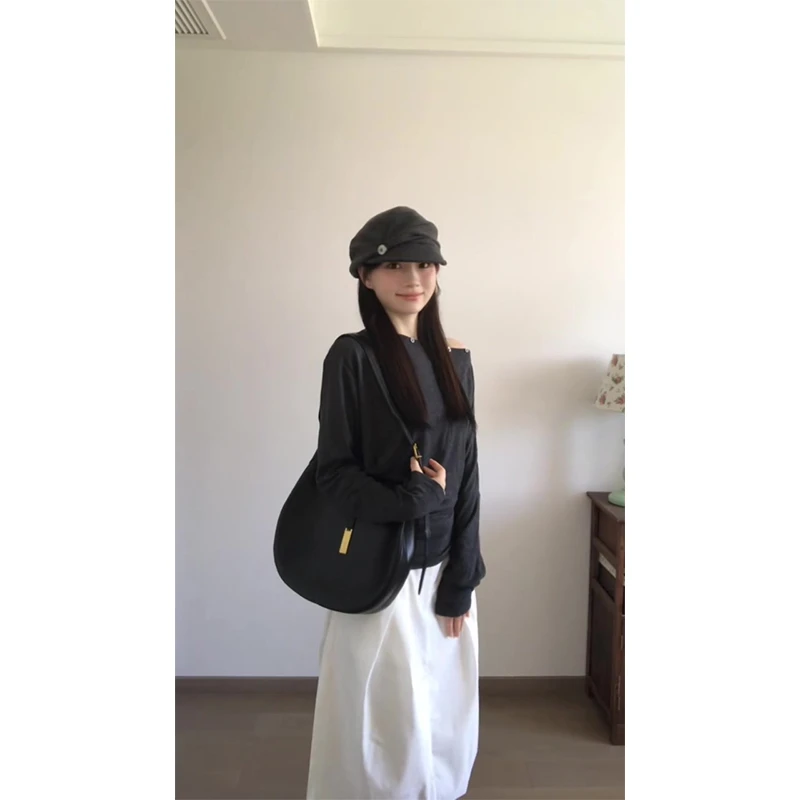 纯欲慵懒风女装韩系春秋宽松百搭斜肩长袖T恤上衣高腰显瘦半身裙