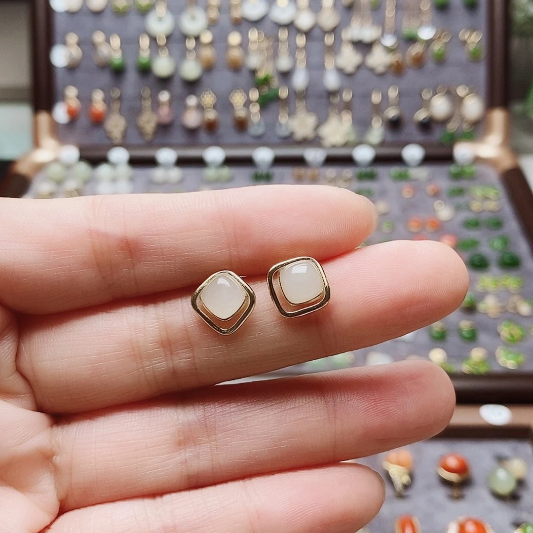 和田玉银S925镶嵌耳饰