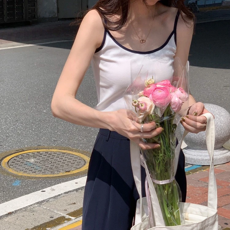 爆款辣妹纯欲撞色吊带纯棉美背背心一体式带胸垫裹胸外穿打底上衣