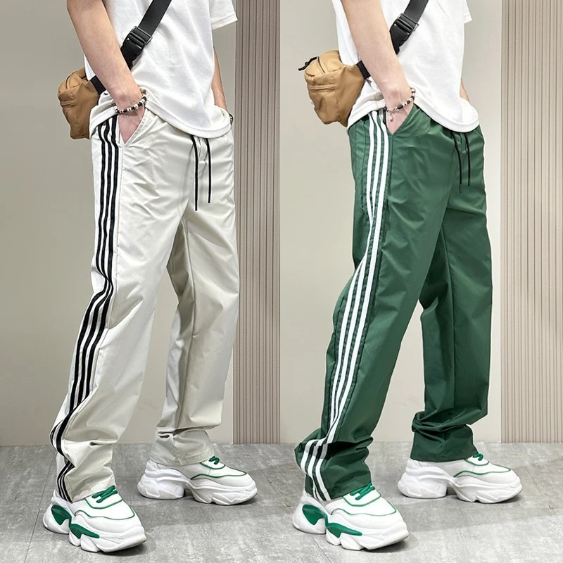 男裤春夏新款条纹美式休闲裤子百搭潮牌宽松直筒长裤三道杠运动裤