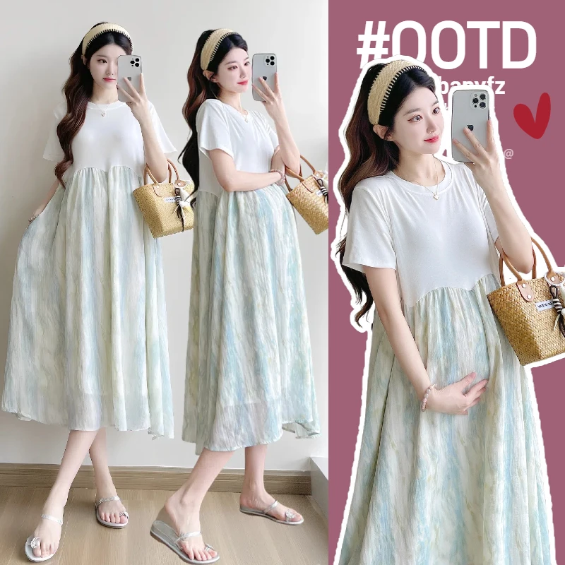 孕妇韩版时尚洋气显瘦夏装连衣裙2025新款孕妇夏季中长款裙小清新